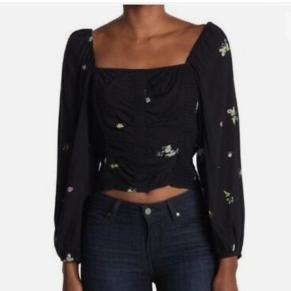 Abound Nordstrom Smocked Crop Top Black Floral Extra Small